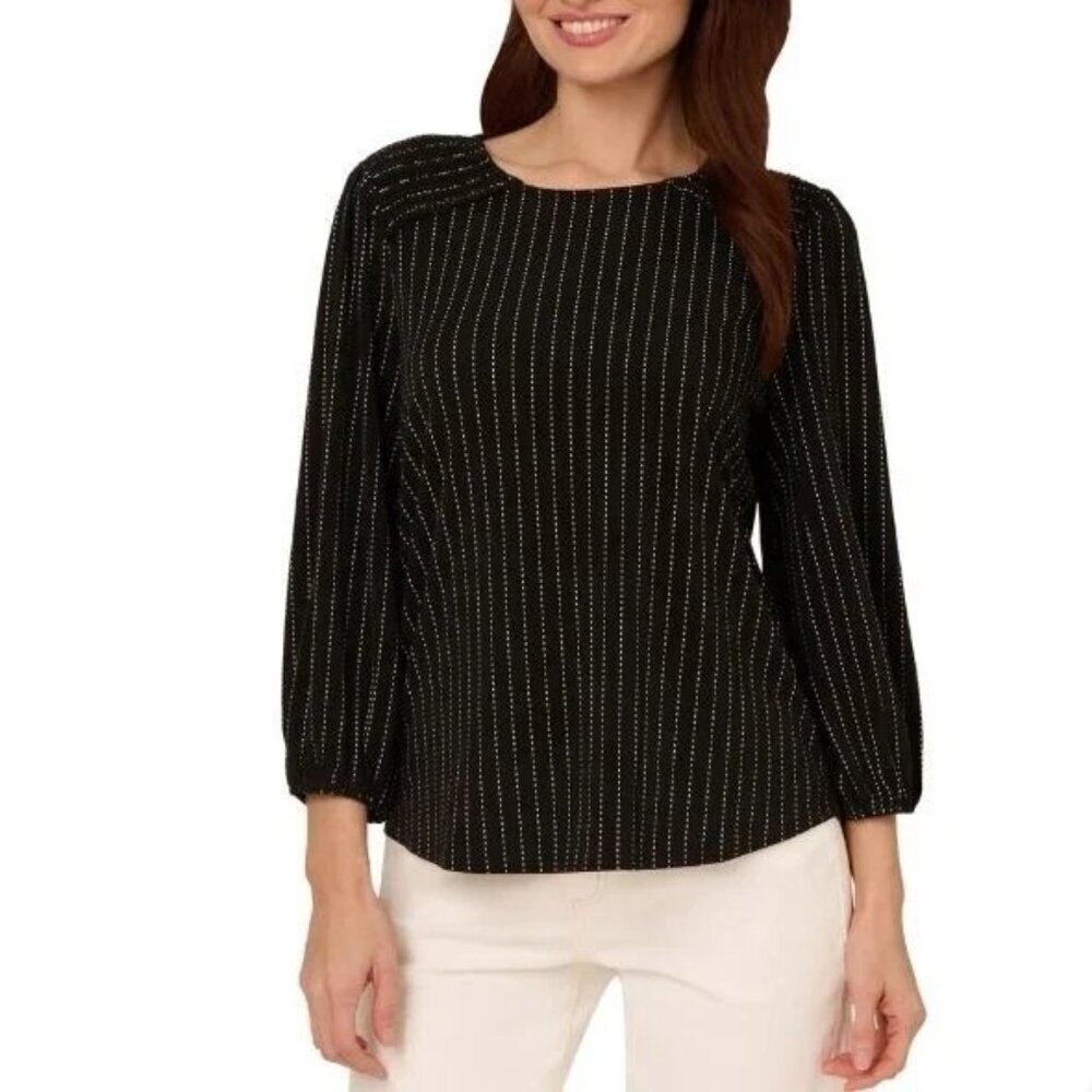 NEW Adrianna Papell Women's S Black & White Striped Long Sleeve Blouse Polyester